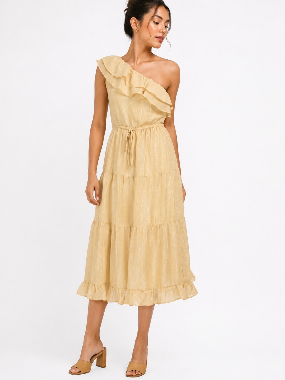 Heartloom One Shoulder Ruffles Metallic Dress in Sunshine size Medium
